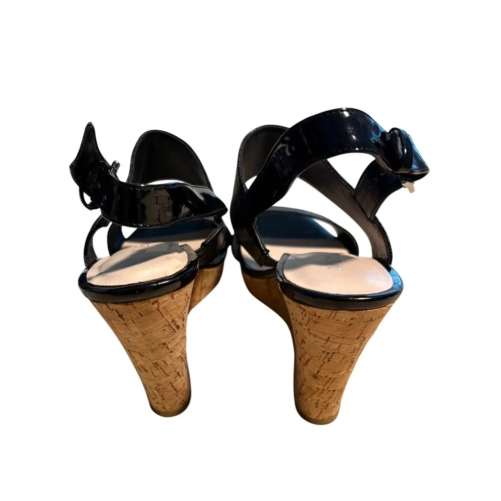 Nine West Lucini Black Snakeskin Patent Cork Wedge Sandals Womens 8.5 M
